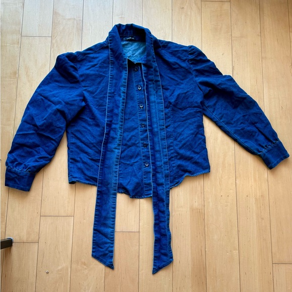 0XL Chambray Denim Bow Blouse - Picture 2 of 2